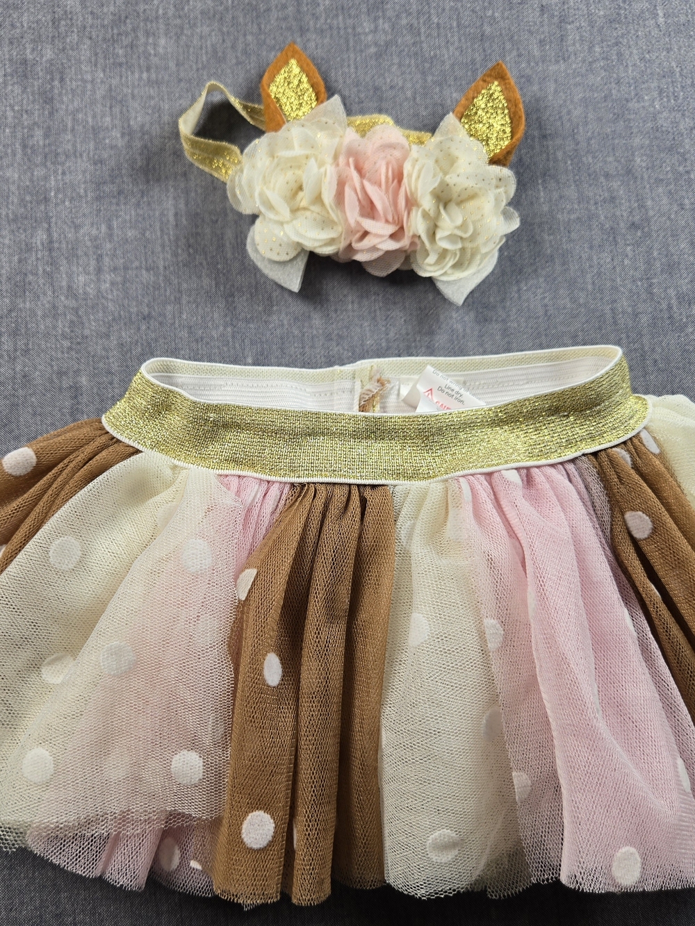 Little Me Pink Cream Brown Polka Dot Tulle Tutu with Floral Headband